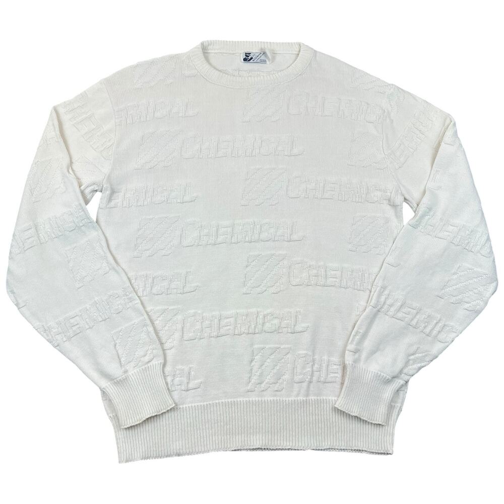 Vintage 1990s Chemical Bank Logo Knit Sweater White 100% Cotton USA Men’s L